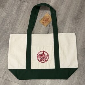Trader Joe's Canvas Tote Bag Large in Cream and Forest Green Trim NEW